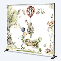 Aperturee - Aperturee Custom Baby Shower Backdrop Woodland Animals Watercolor Hot Air Balloon Decor