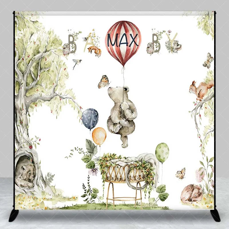 Aperturee - Aperturee Custom Baby Shower Backdrop Woodland Animals Watercolor Hot Air Balloon Decor