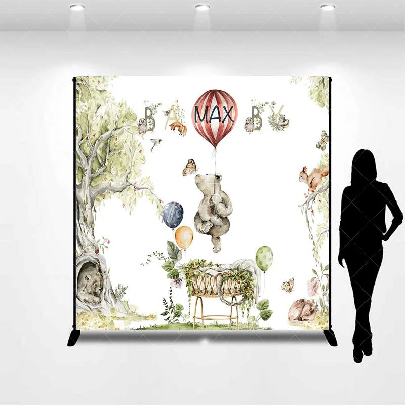Aperturee - Aperturee Custom Baby Shower Backdrop Woodland Animals Watercolor Hot Air Balloon Decor