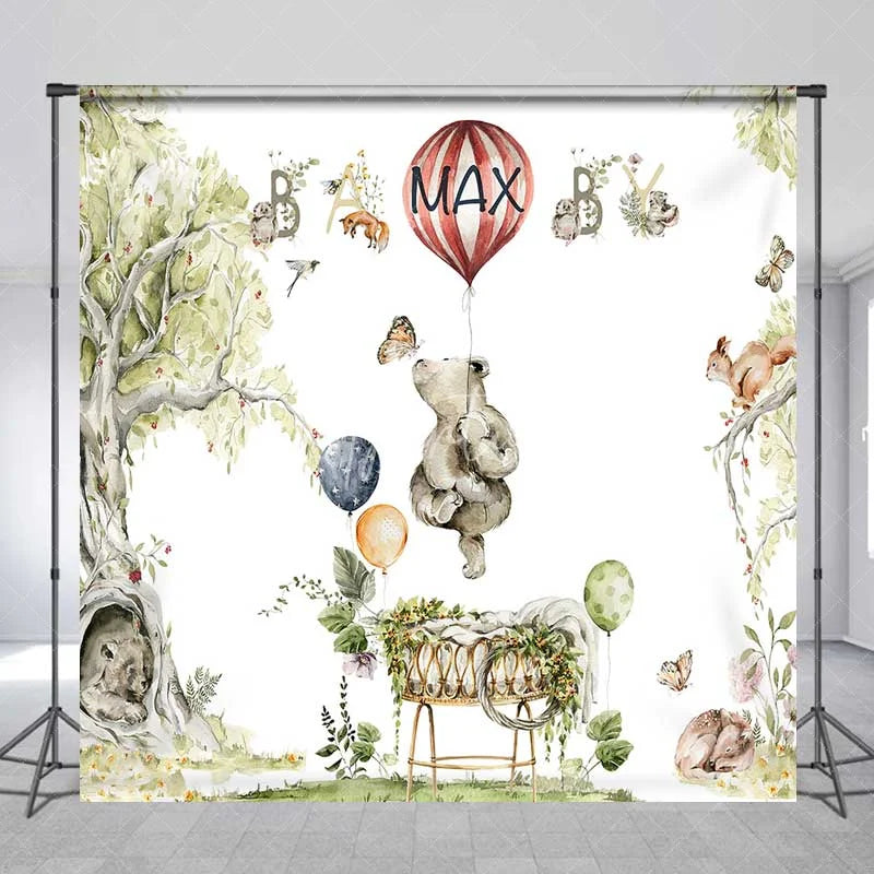 Aperturee - Aperturee Custom Baby Shower Backdrop Woodland Animals Watercolor Hot Air Balloon Decor