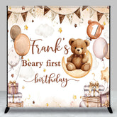 Aperturee Aperturee Custom Beary First Birthday Backdrop Boho Teddy Bear on Moon with Balloons Personalized Boys Party Photo Prop