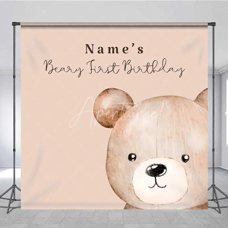 Aperturee - Aperturee Custom Beary First Birthday Backdrop Personalized Teddy Bear Theme Brown Gold White Balloons Decoration