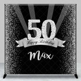 Aperturee - Aperturee Custom Birthday Backdrop 50th Silver Glitter Personalize Name Black Shine Beams Background Adult Party Prop