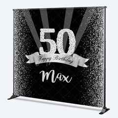 Aperturee - Aperturee Custom Birthday Backdrop 50th Silver Glitter Personalize Name Black Shine Beams Background Adult Party Prop