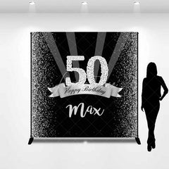 Aperturee - Aperturee Custom Birthday Backdrop 50th Silver Glitter Personalize Name Black Shine Beams Background Adult Party Prop