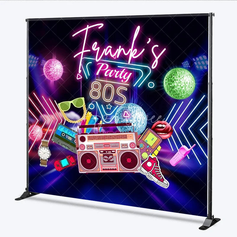 Aperturee - Aperturee Custom Birthday Backdrop 80s Retro Theme Neon Glow Disco Ball Boombox Party Supply