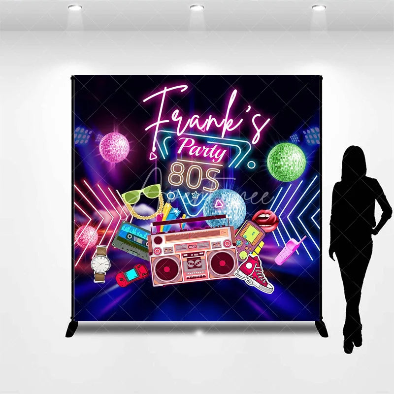 Aperturee - Aperturee Custom Birthday Backdrop 80s Retro Theme Neon Glow Disco Ball Boombox Party Supply