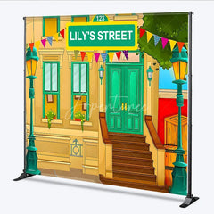 Aperturee - Aperturee Custom Birthday Backdrop Cartoon City Street Brownstone Building Green Sign Kids Prop