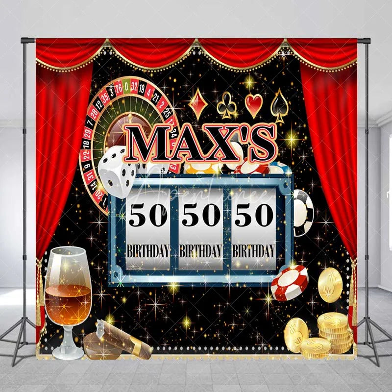 Aperturee - Aperturee Custom Birthday Backdrop Casino Night Theme Las Vegas Roulette Slot Machine Personalized Background