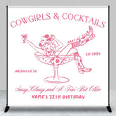 Aperturee - Aperturee Custom Birthday Backdrop Cowgirls and Cocktails Pink Line Art Western Boots Martini Personalized Background