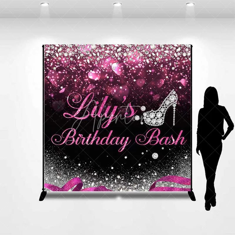Aperturee - Aperturee Custom Birthday Backdrop Diamond High Heels Pink Glitter Diva Party Decoration