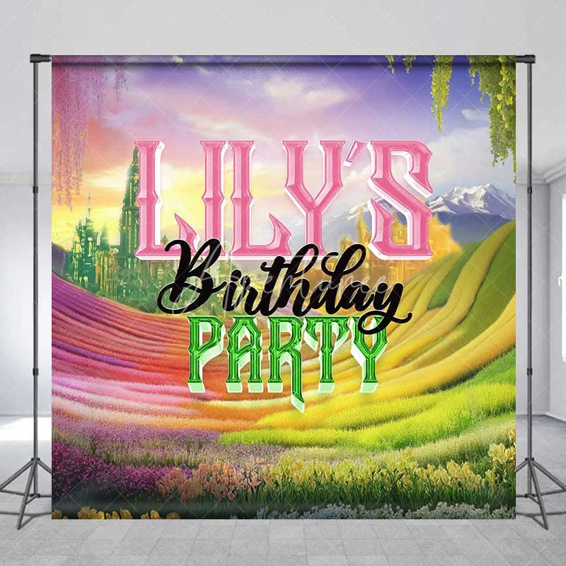 Aperturee - Aperturee Custom Birthday Backdrop Fantasy Rainbow Flower Field and Magic Castle Fairytale Party Background