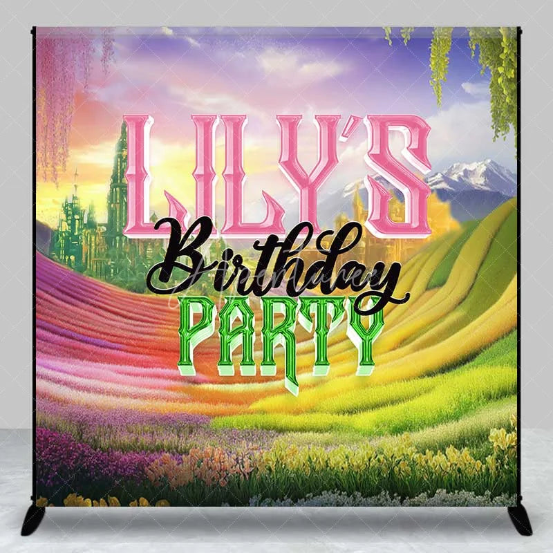 Aperturee - Aperturee Custom Birthday Backdrop Fantasy Rainbow Flower Field and Magic Castle Fairytale Party Background