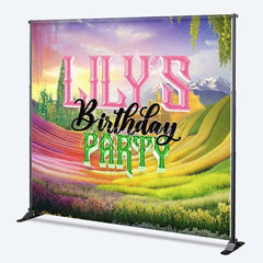 Aperturee - Aperturee Custom Birthday Backdrop Fantasy Rainbow Flower Field and Magic Castle Fairytale Party Background