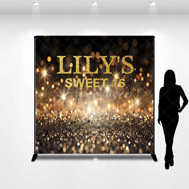 Aperturee - Aperturee Custom Birthday Backdrop Gold Bokeh Glitter Sweet 16 Sparkling Personalized Name Party Background