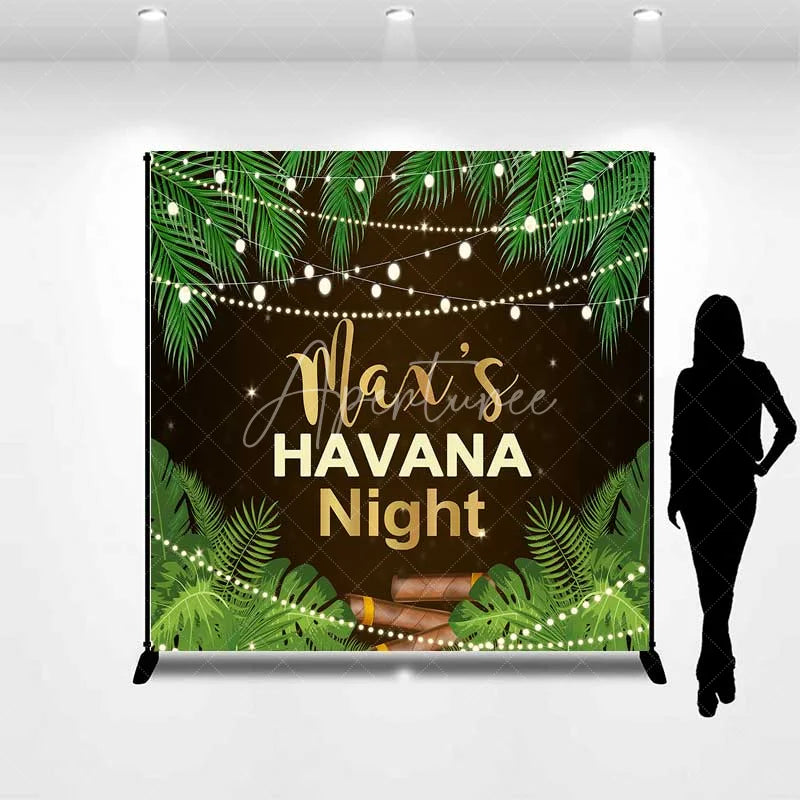 Aperturee - Aperturee Custom Birthday Backdrop Havana Nights Personalize Name Tropical Palm Leaves Cigar Background Cuban Party Decoration