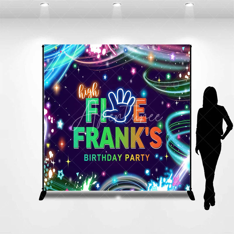 Aperturee - Aperturee Custom Birthday Backdrop High Five Neon Glow Party 5th Birthday Paint Splatter Photo Booth Props
