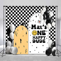 Aperturee - Aperturee Custom Birthday Backdrop One Happy Dude Personalize Name Retro Smiley Face Checkerboard Background 1st Bday Decor