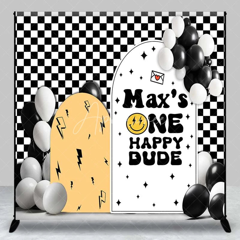 Aperturee - Aperturee Custom Birthday Backdrop One Happy Dude Personalize Name Retro Smiley Face Checkerboard Background 1st Bday Decor