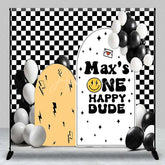 Aperturee - Aperturee Custom Birthday Backdrop One Happy Dude Personalize Name Retro Smiley Face Checkerboard Background 1st Bday Decor