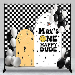 Aperturee - Aperturee Custom Birthday Backdrop One Happy Dude Personalize Name Retro Smiley Face Checkerboard Background 1st Bday Decor