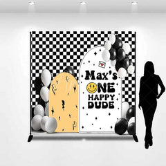 Aperturee - Aperturee Custom Birthday Backdrop One Happy Dude Personalize Name Retro Smiley Face Checkerboard Background 1st Bday Decor