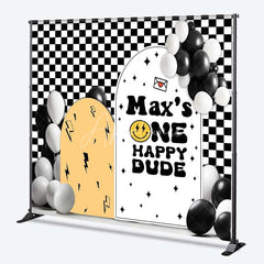 Aperturee - Aperturee Custom Birthday Backdrop One Happy Dude Personalize Name Retro Smiley Face Checkerboard Background 1st Bday Decor