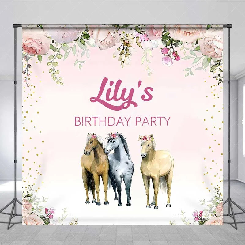 Aperturee - Aperturee Custom Birthday Backdrop Pink Floral Horse Farm Animals Photography Background