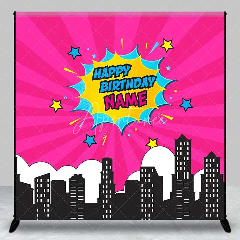 Aperturee - Aperturee Custom Birthday Backdrop Pink Superhero Comic Book Pop Art City Skyline Decor
