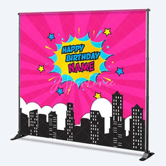Aperturee - Aperturee Custom Birthday Backdrop Pink Superhero Comic Book Pop Art City Skyline Decor