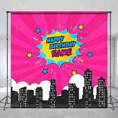 Aperturee - Aperturee Custom Birthday Backdrop Pink Superhero Comic Book Pop Art City Skyline Decor