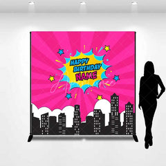 Aperturee - Aperturee Custom Birthday Backdrop Pink Superhero Comic Book Pop Art City Skyline Decor
