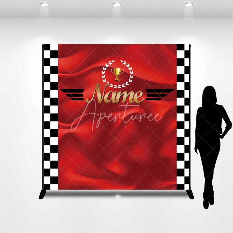 Aperturee - Aperturee Custom Birthday Backdrop Race Car Trophy Red Satin Checkered Flag Personalized Party Background