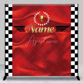 Aperturee - Aperturee Custom Birthday Backdrop Race Car Trophy Red Satin Checkered Flag Personalized Party Background
