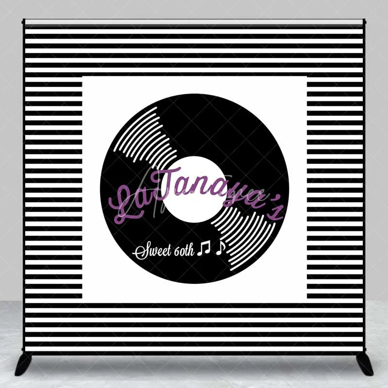 Aperturee - Aperturee Custom Birthday Backdrop Retro Vinyl Record Music Theme Black and White Stripes Personalized Party Background