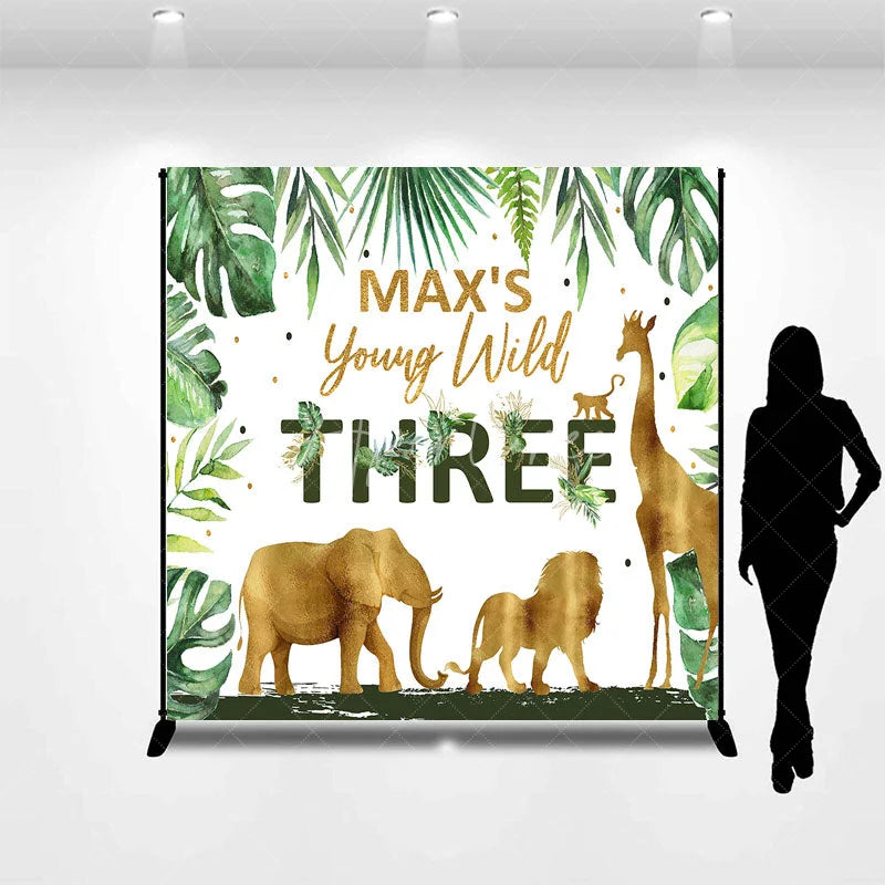 Aperturee - Aperturee Custom Birthday Backdrop Safari Animals Gold Jungle Leaves Background Personalized Name Age Wild Party Decoration