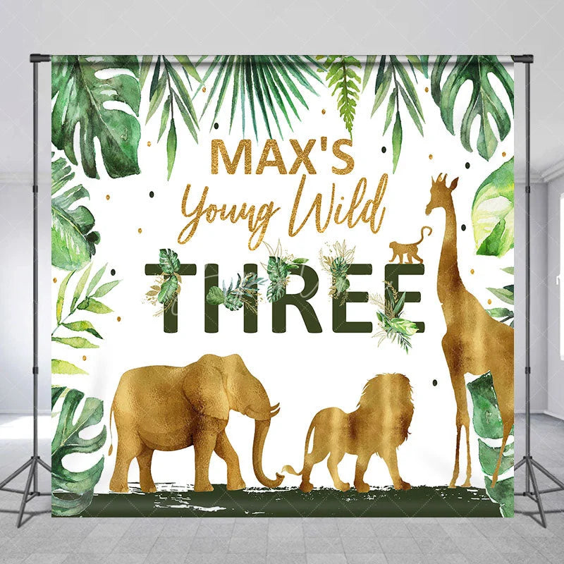 Aperturee - Aperturee Custom Birthday Backdrop Safari Animals Gold Jungle Leaves Background Personalized Name Age Wild Party Decoration