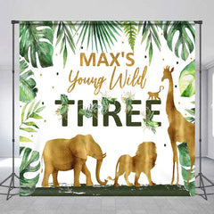 Aperturee - Aperturee Custom Birthday Backdrop Safari Animals Gold Jungle Leaves Background Personalized Name Age Wild Party Decoration