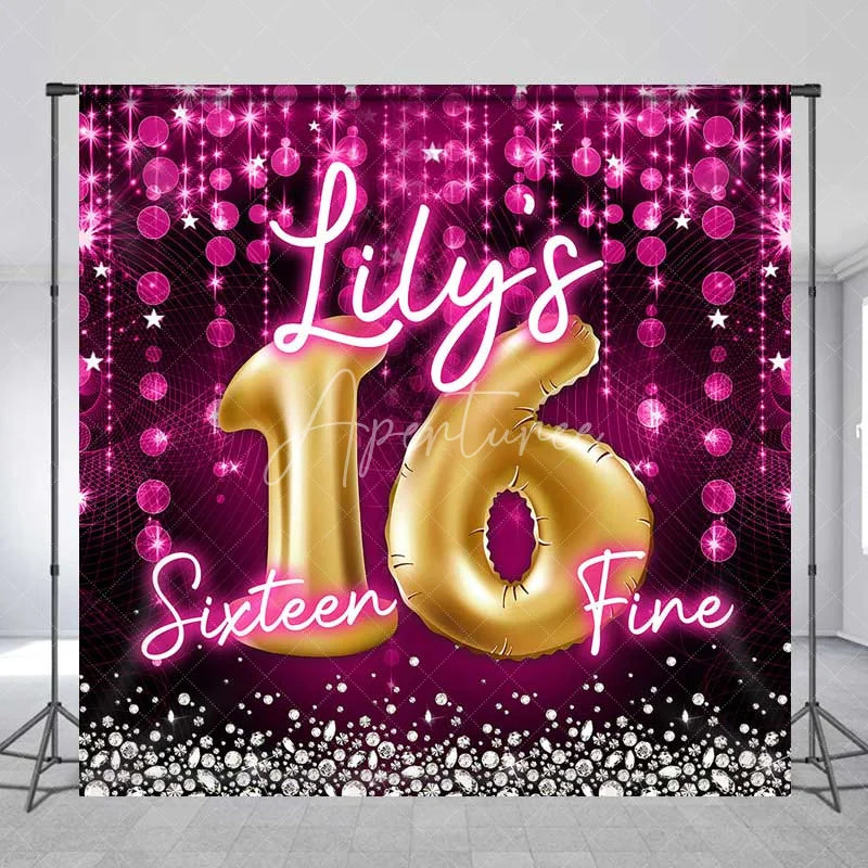 Aperturee - Aperturee Custom Birthday Backdrop Sweet 16 Pink Glitter Gold Balloons Personalized Name Decor