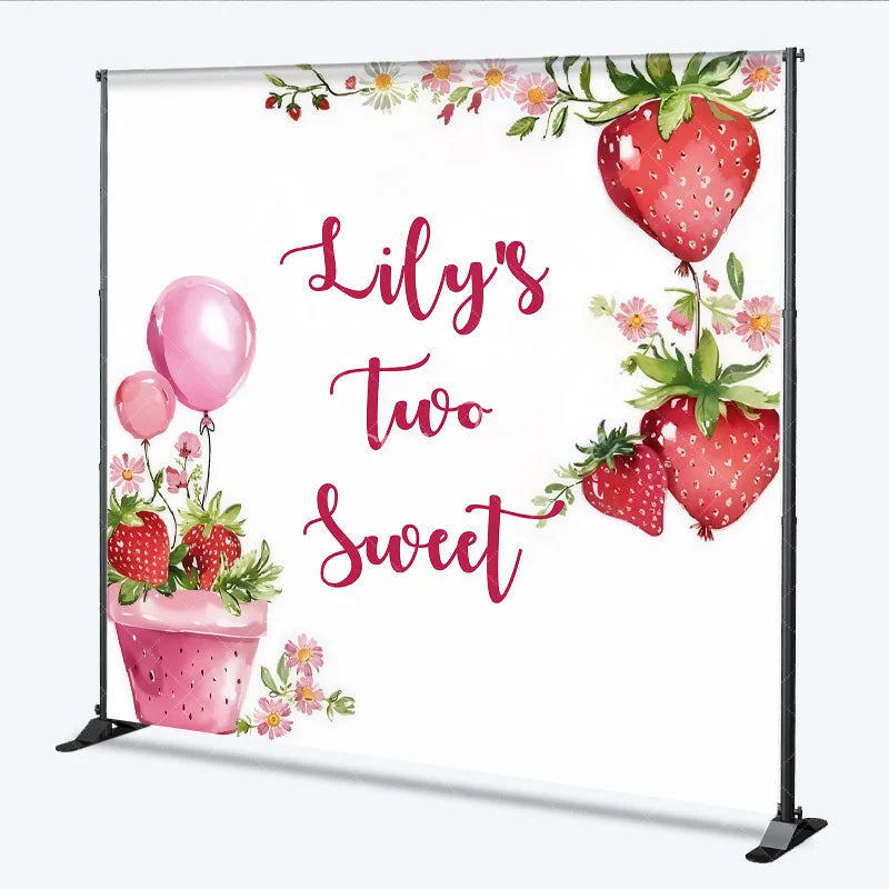 Aperturee - Aperturee Custom Birthday Backdrop Two Sweet Strawberry Pink Floral Red Fruit Party Decoration