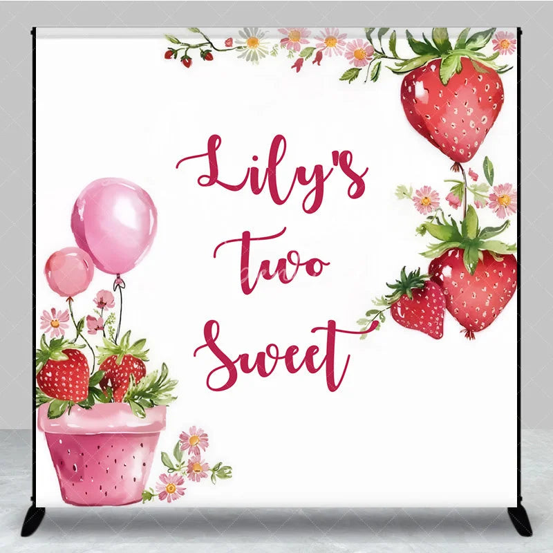 Aperturee - Aperturee Custom Birthday Backdrop Two Sweet Strawberry Pink Floral Red Fruit Party Decoration