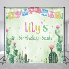 Aperturee - Aperturee Custom Birthday Backdrop with Colorful Papel Picado Banners Desert Cacti and Stars Theme for Party