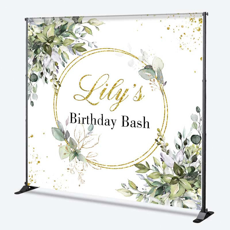 Aperturee Aperturee Custom Birthday Bash Backdrop Elegant Gold and Greenery Wreath Personalized Eucalyptus Leaves Photo Prop Decor