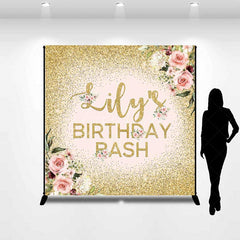 Aperturee Aperturee Custom Birthday Bash Backdrop for Her Elegant Pink and Gold Glitter Floral Personalized Welcome Party Photo Prop