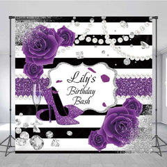 Aperturee Aperturee Custom Birthday Bash Backdrop Purple High Heels and Roses Banner Black and White Stripes with Diamonds Decor