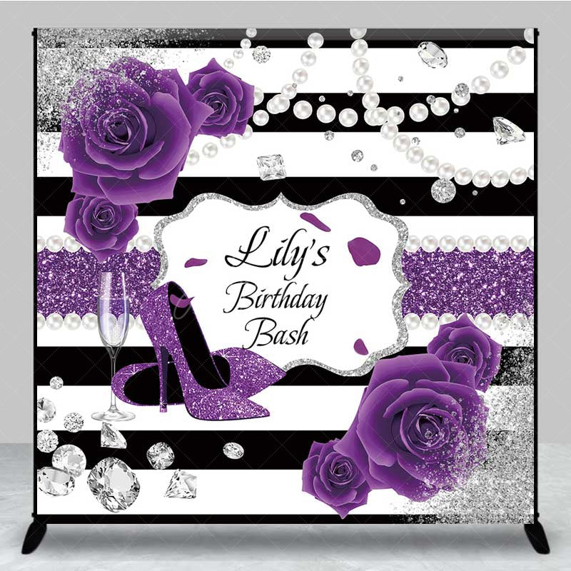Aperturee Aperturee Custom Birthday Bash Backdrop Purple High Heels and Roses Banner Black and White Stripes with Diamonds Decor