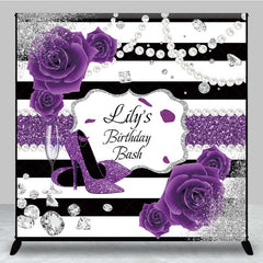 Aperturee Aperturee Custom Birthday Bash Backdrop Purple High Heels and Roses Banner Black and White Stripes with Diamonds Decor