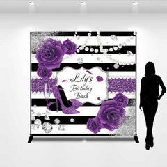 Aperturee Aperturee Custom Birthday Bash Backdrop Purple High Heels and Roses Banner Black and White Stripes with Diamonds Decor