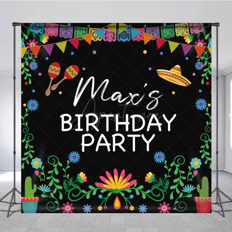 Aperturee Aperturee Custom Birthday Party Backdrop Colorful Mexican Fiesta and Cactus Banner Personalized Sombrero and Maracas Decor