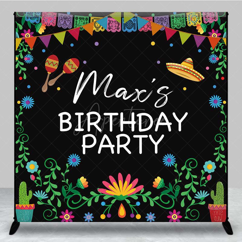 Aperturee Aperturee Custom Birthday Party Backdrop Colorful Mexican Fiesta and Cactus Banner Personalized Sombrero and Maracas Decor